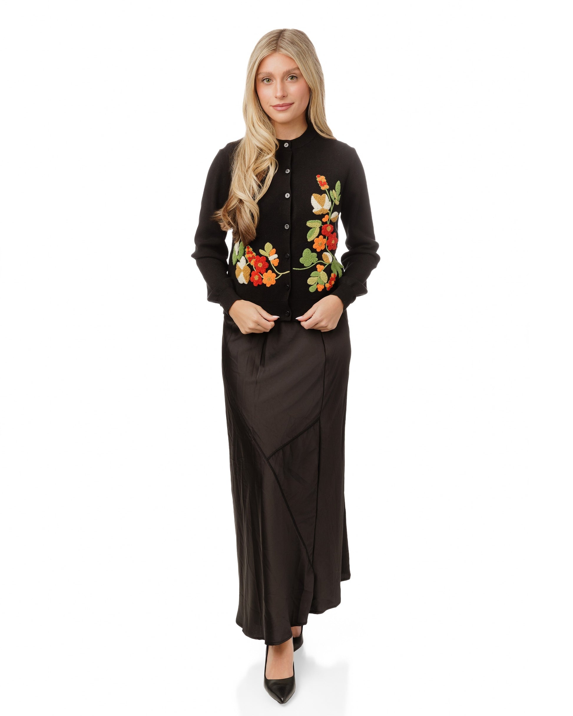 Black Knit With Orange Fuzzy Floral Details