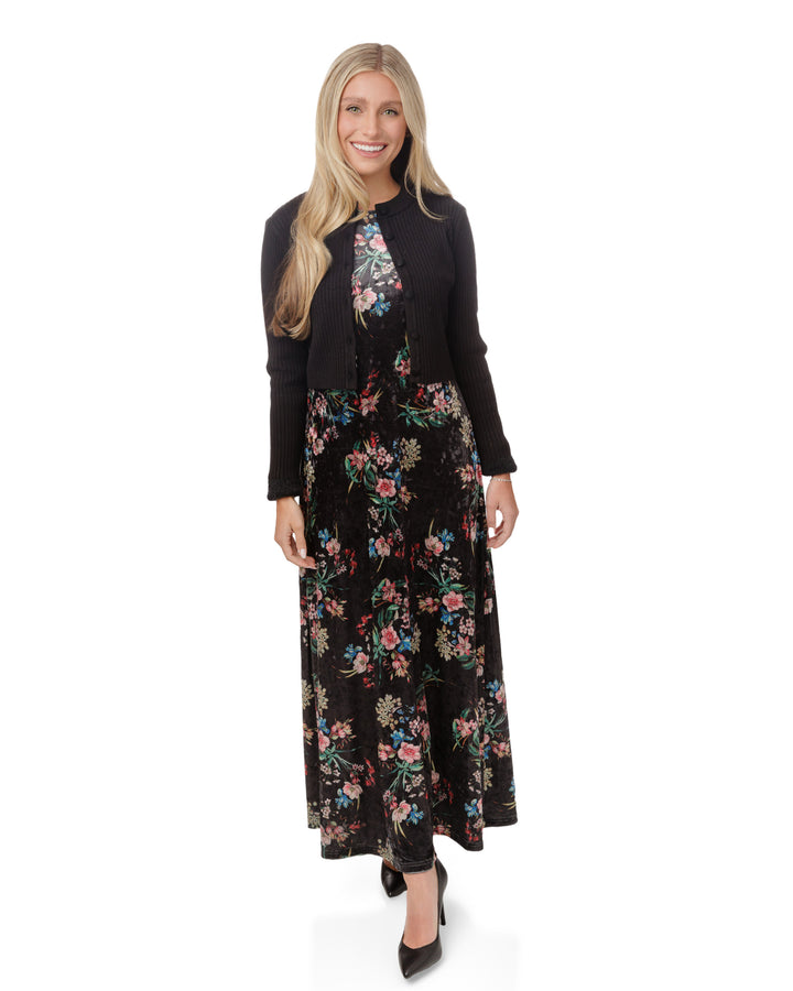 Velvet Printed Floral Dress With Knit Cardigan Overlay