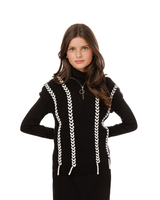 Black Knit Vest With White Braiding