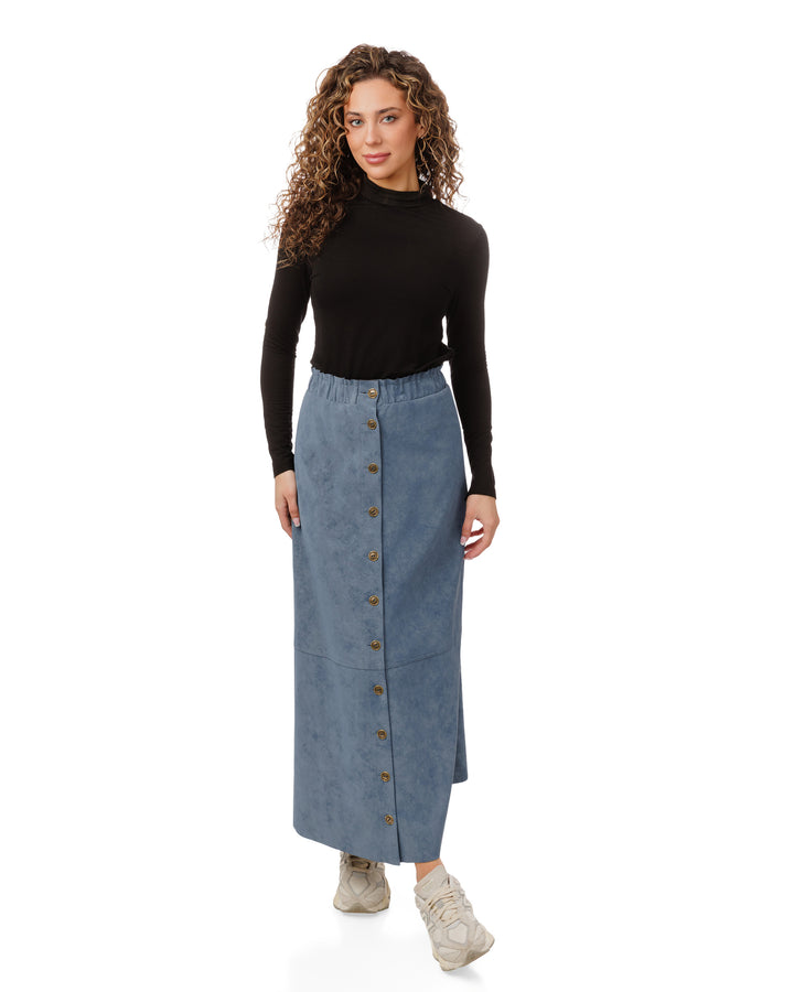 Suede Button Down Midi Skirt - Blue