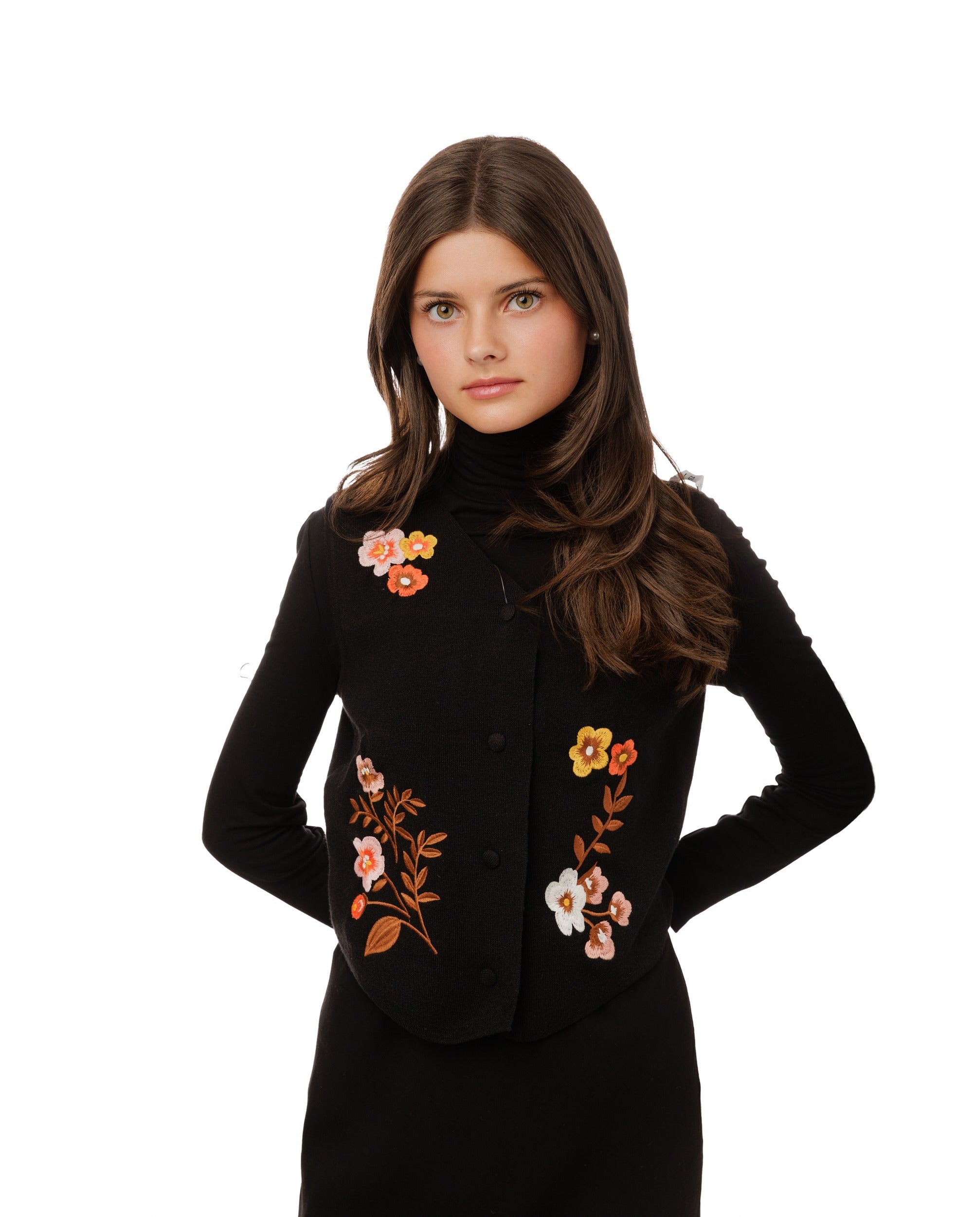 Black And Orange Flower Embroidered Vest