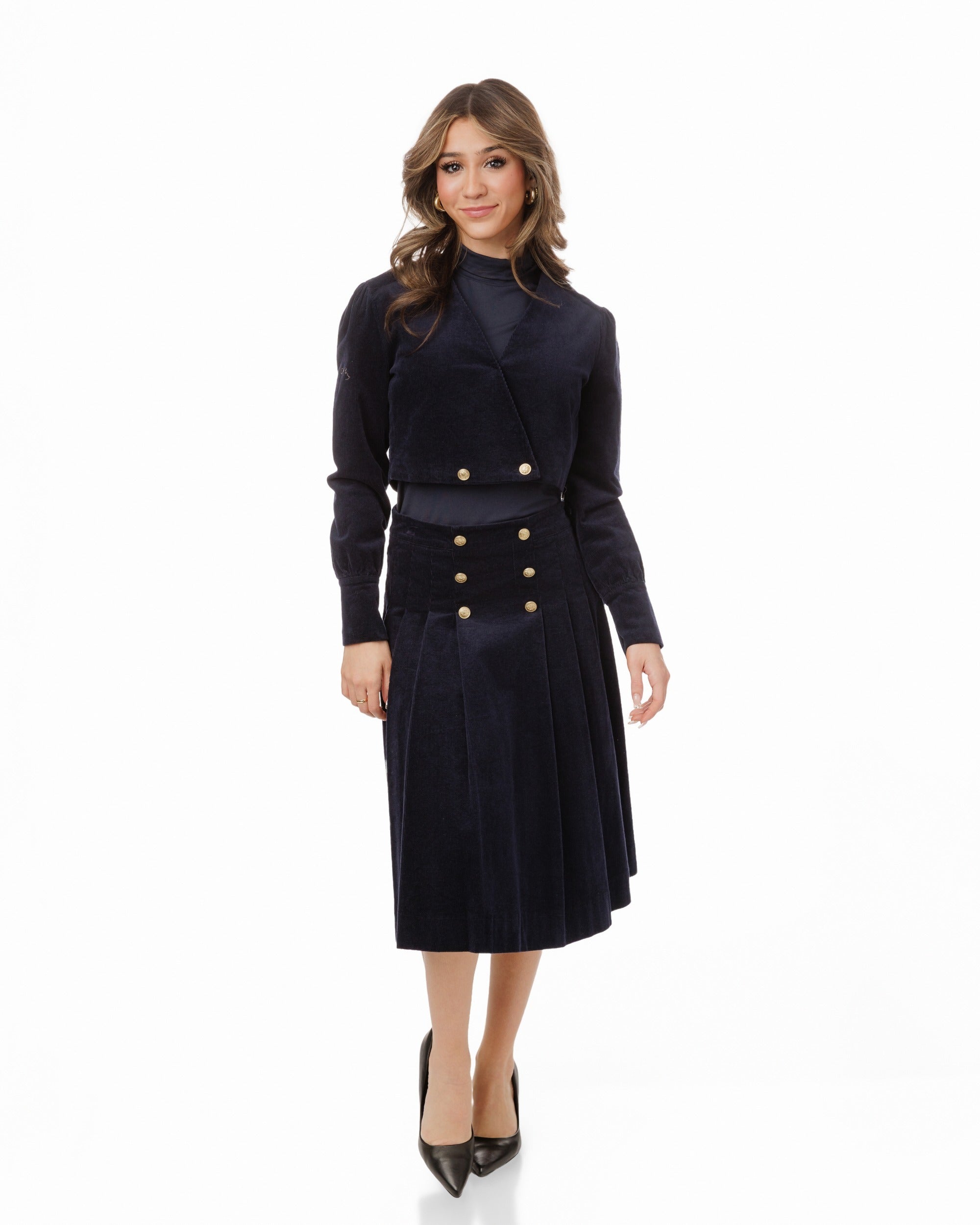 Navy Corduroy Pleated Skirt With Gold Buttons