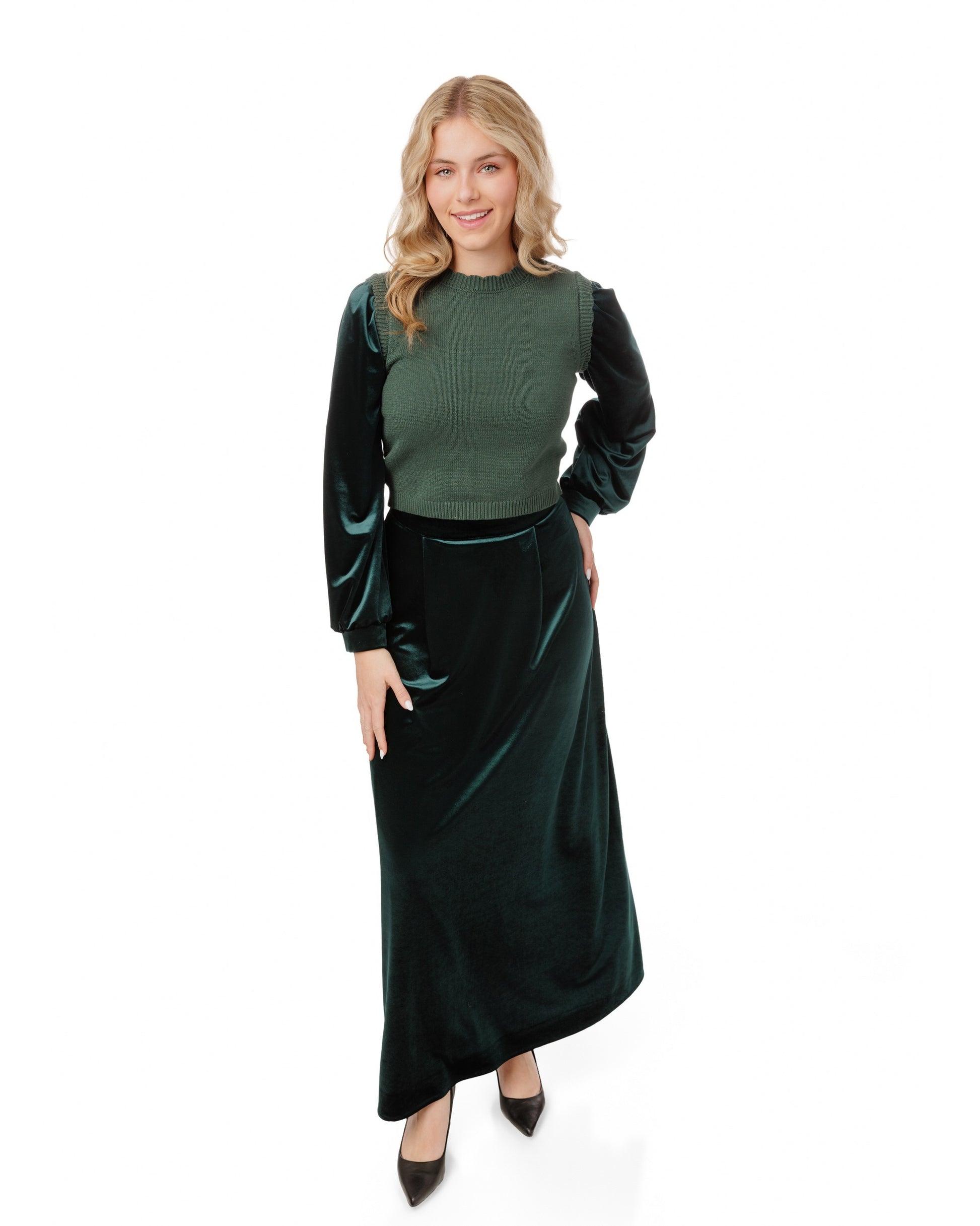 Knit Center Velvet Sleeves Top - Green