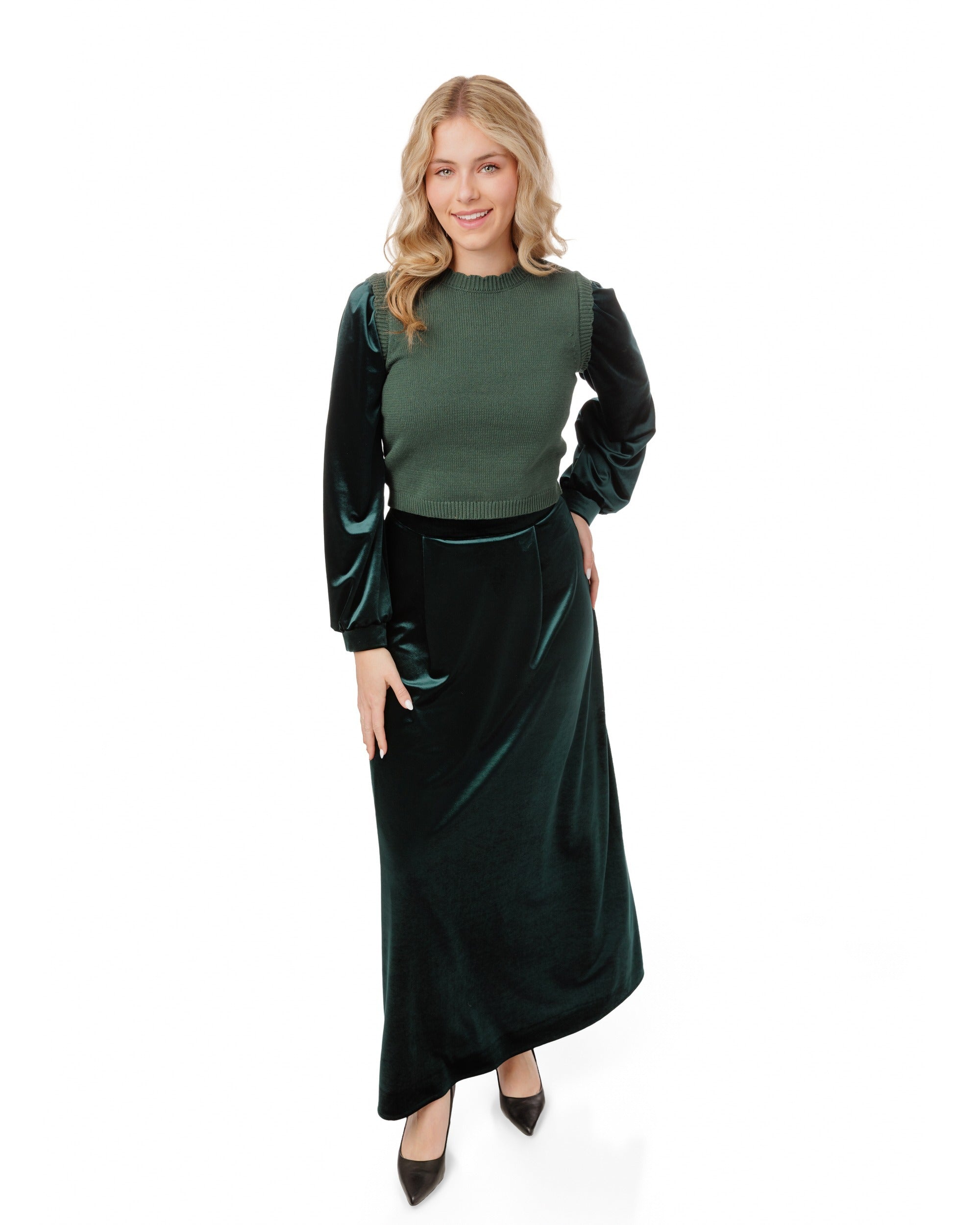 Knit Center Velvet Sleeves Top - Green