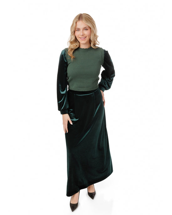Knit Center Velvet Sleeves Top - Green