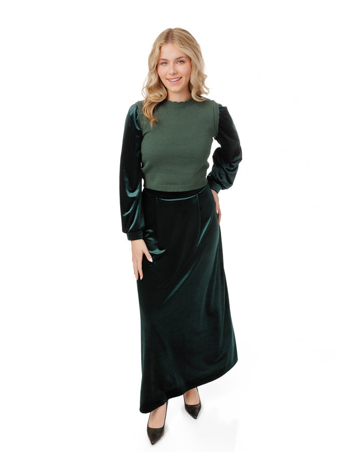 Knit Center Velvet Sleeves Top - Green