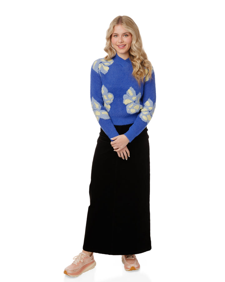 Fuzzy Sweater With Big Flowers Detail - Blue