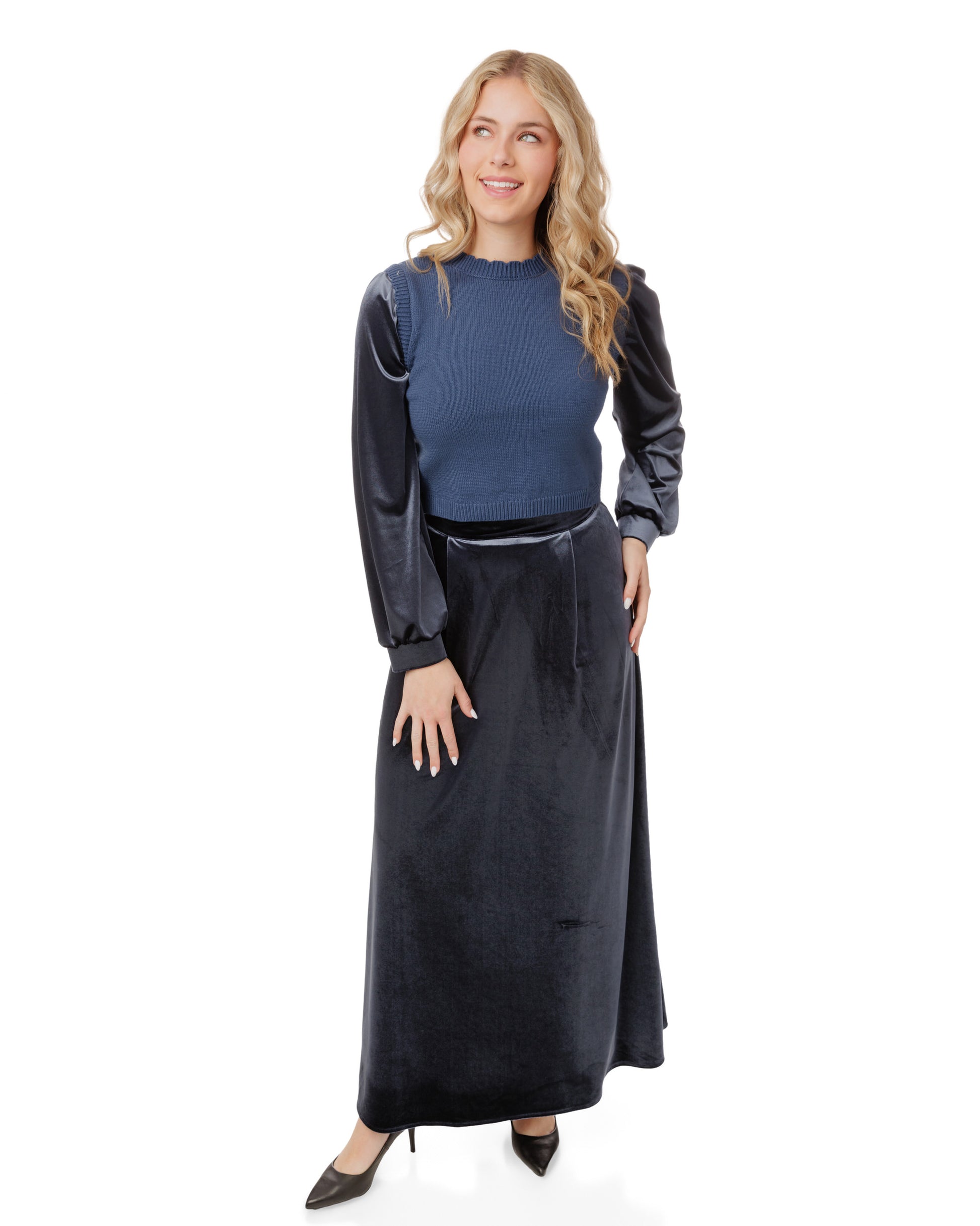 Knit Center Velvet Sleeves Top - Blue
