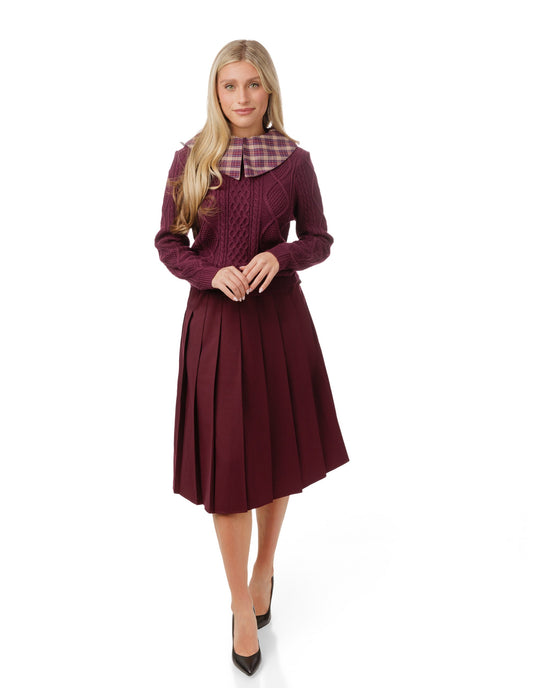 Purple Knit Sweater With Plaid Collar
