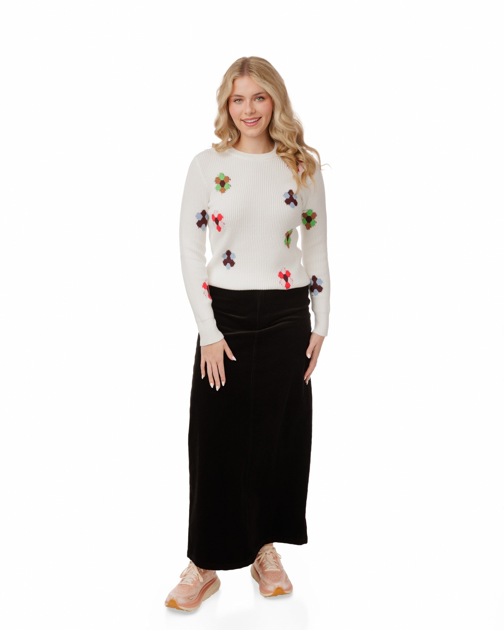 White Base Knit Sweater With Multi Colored Floral Print
