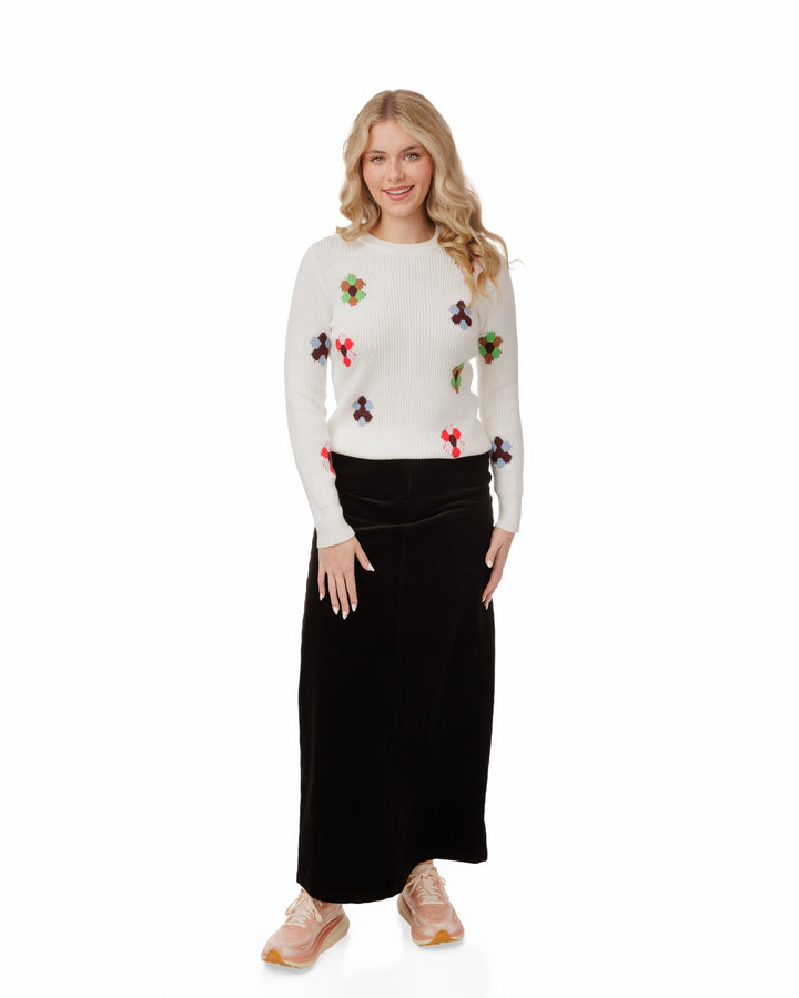White Base Knit Sweater With Multi Colored Floral Print