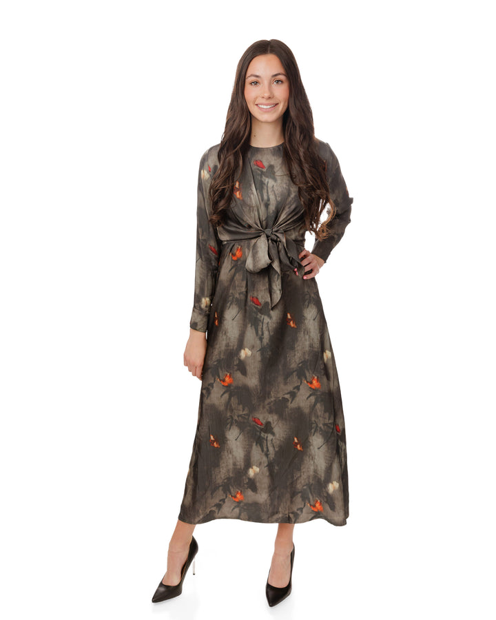 Grey And Orange Abstract Overlay Dress