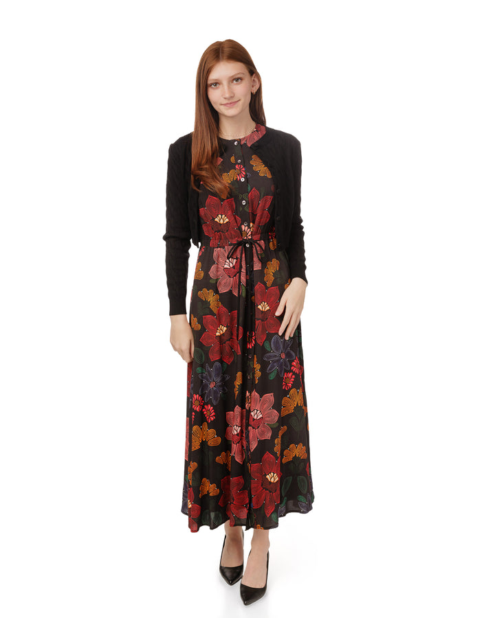 Black Multicolor Floral Dress With Cable Knit Cardigan