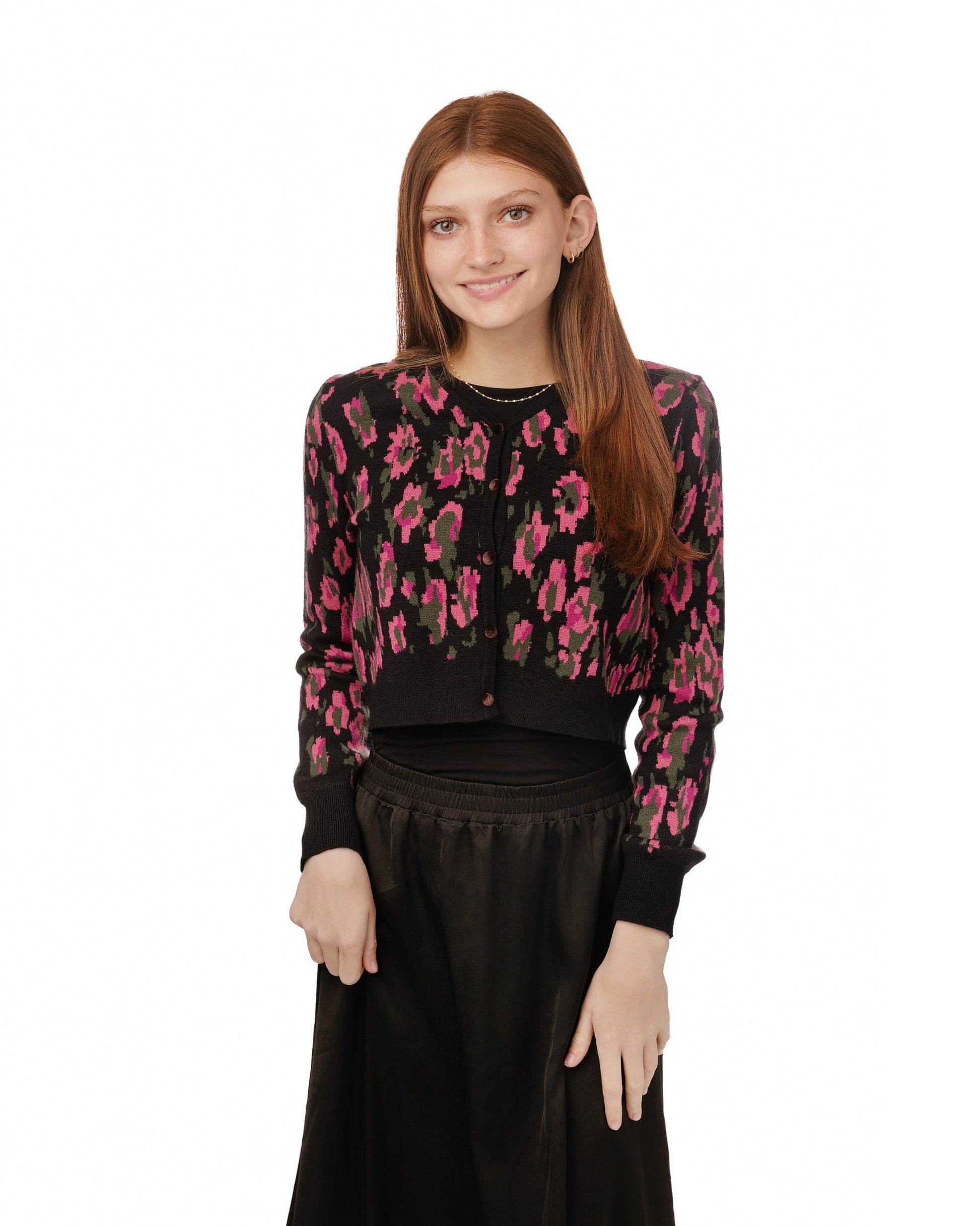 Black Knit Cardigan With Pink Print