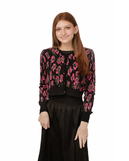 Black Knit Cardigan With Pink Print