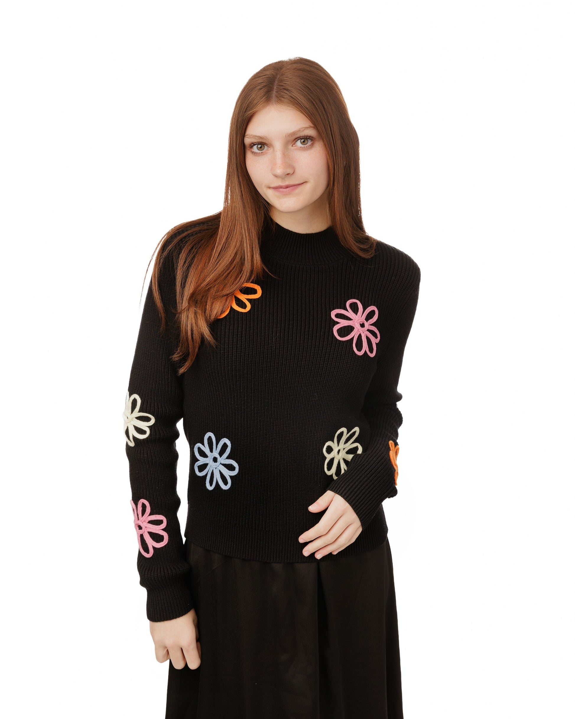 Black Mock Neck Knit Top With Multi Colored Flower Details
