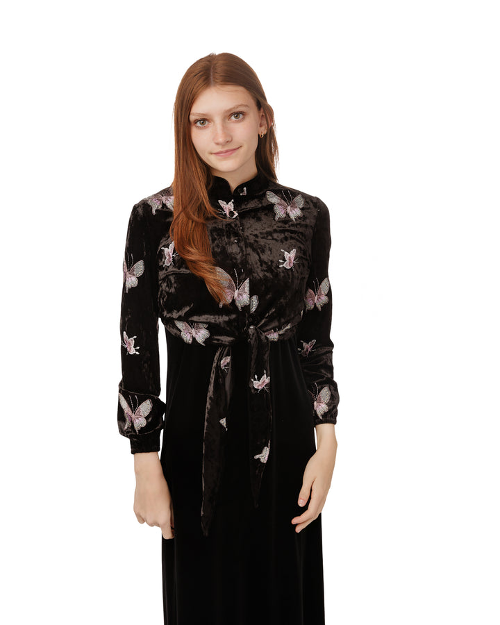Crushed Velvet Butterflies Embroidered Tie Top With Velvet Jumper