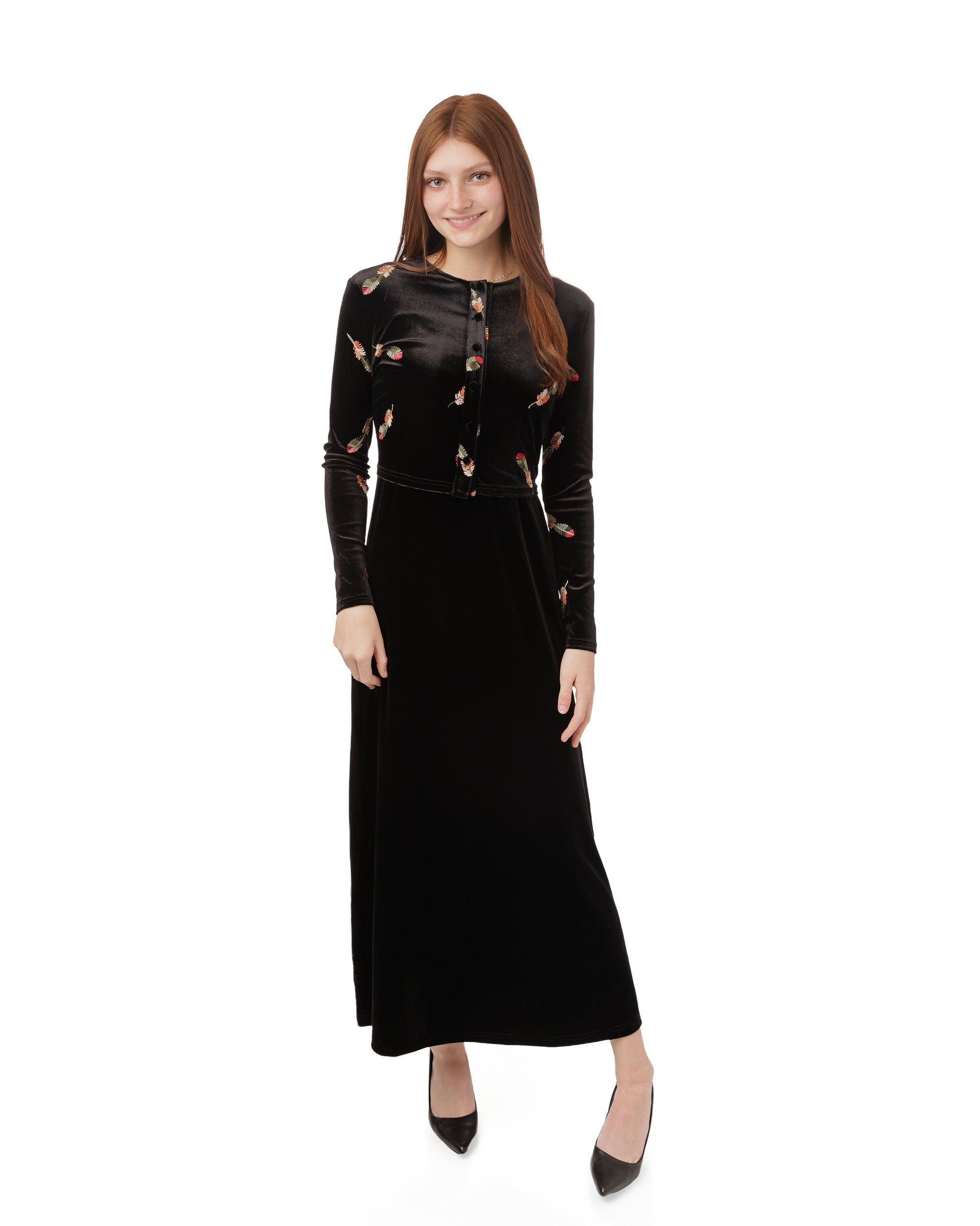 Black Velvet Embroidered Leaf Cardigan With Velvet Jumper Underlay