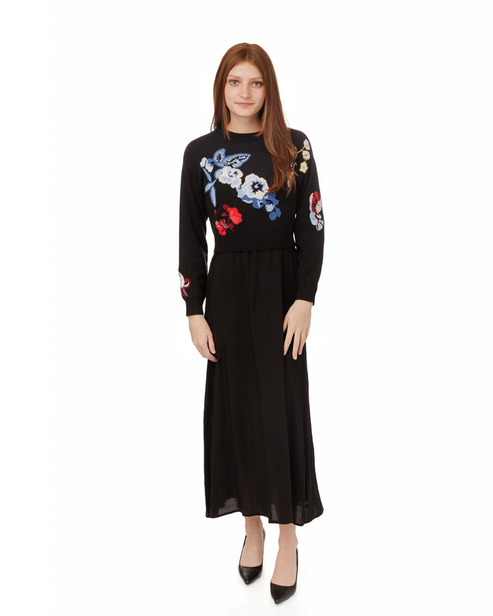 Black Wool Dress With Floral Embroidered Knit Overlay