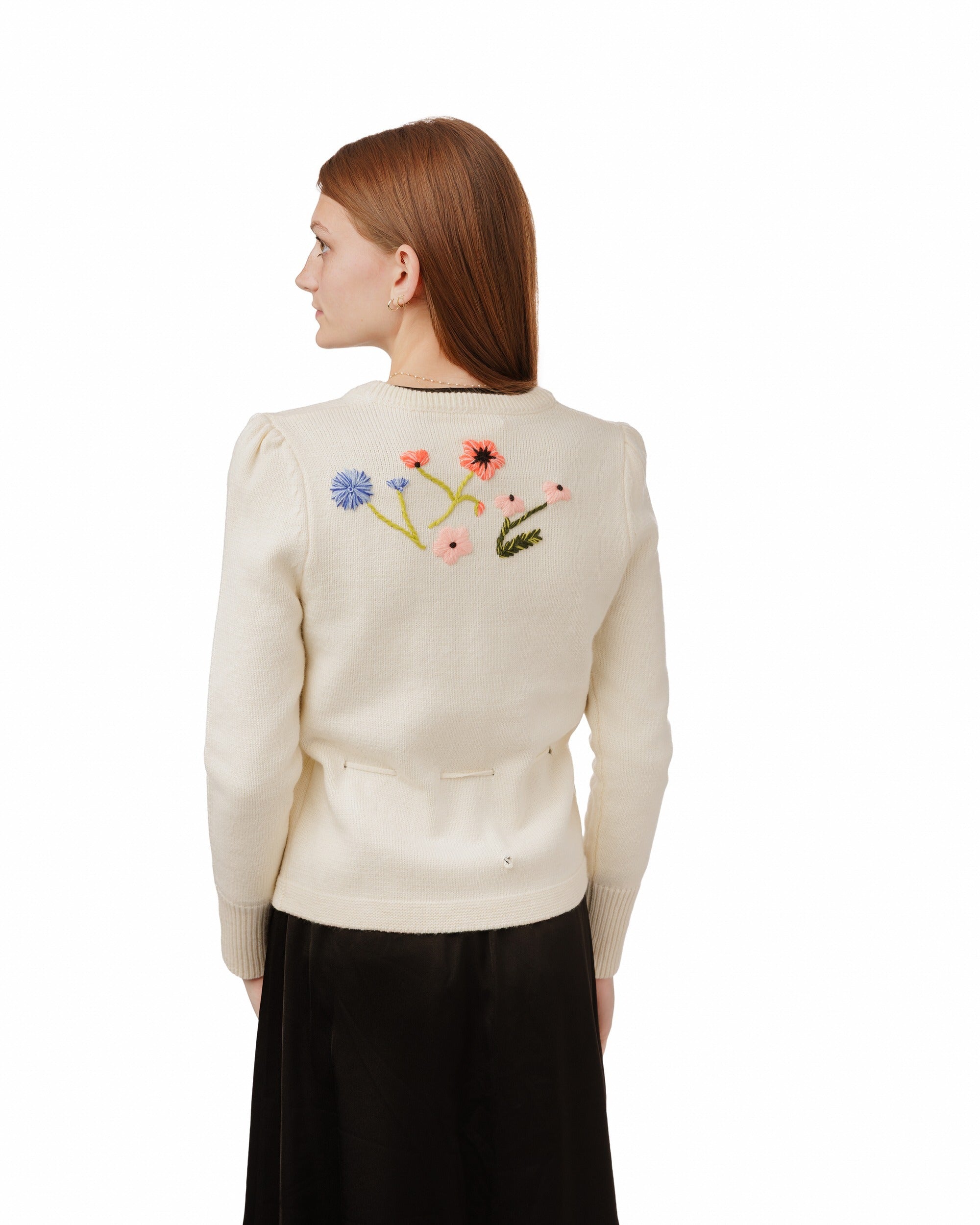 Knit Sweater With Floral Embroidery - Cream