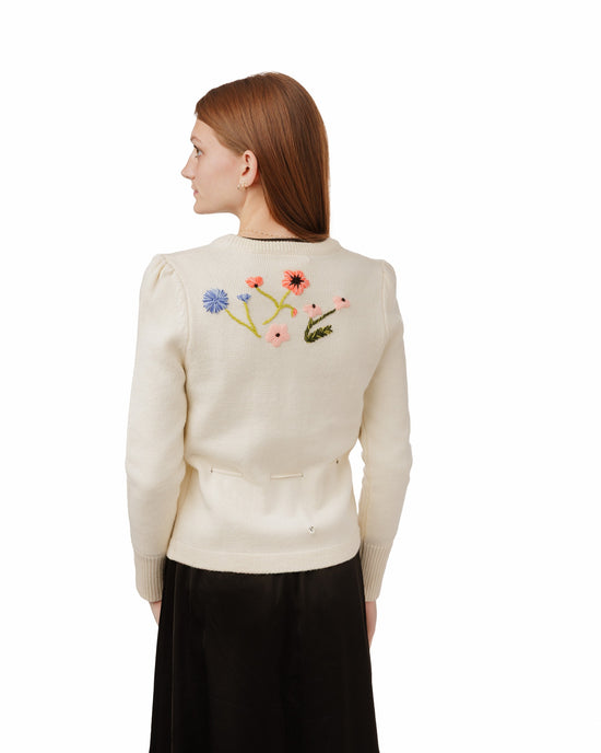 Knit Sweater With Floral Embroidery - Cream