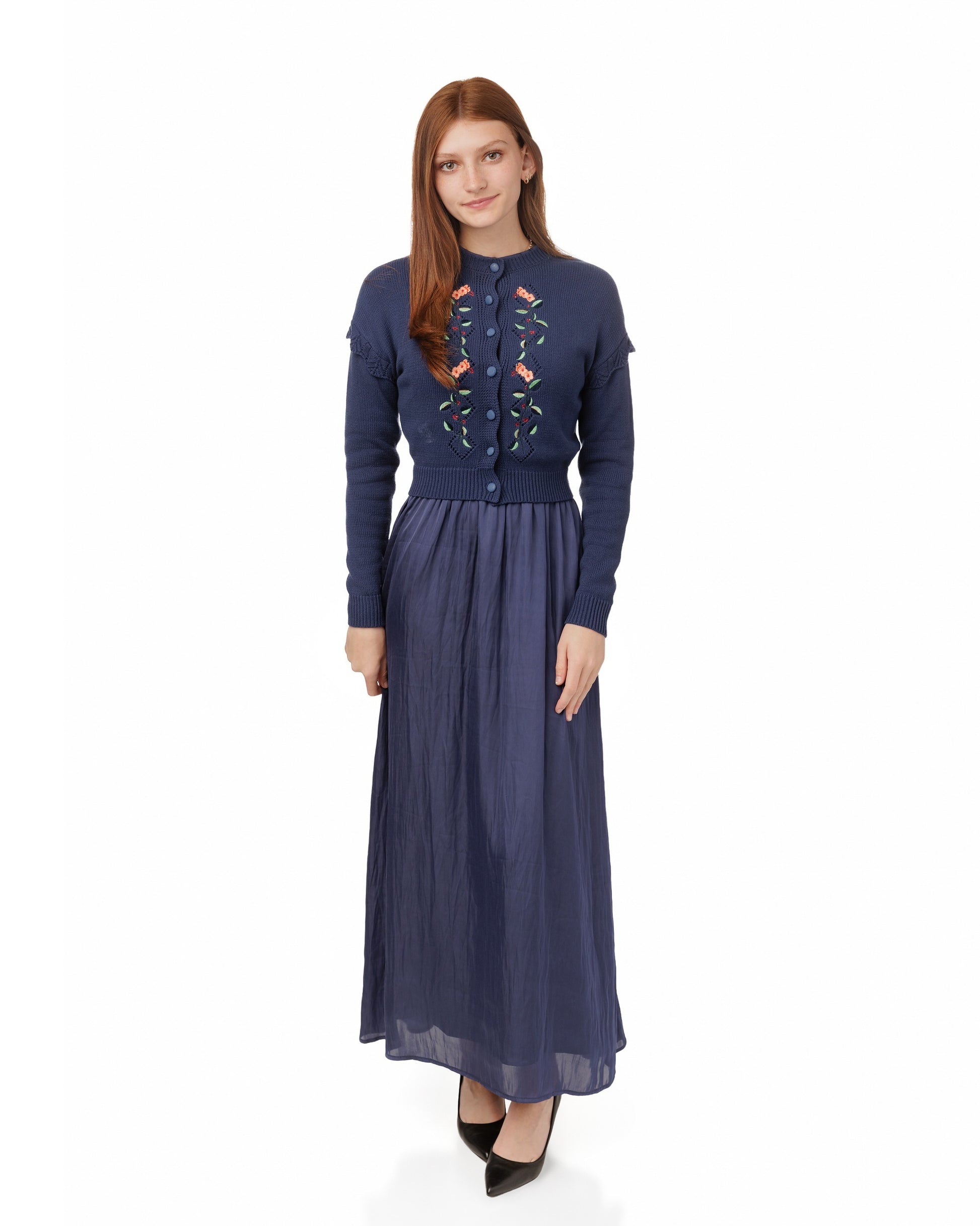 Navy Jumper With Embroidered Knit Cardigan