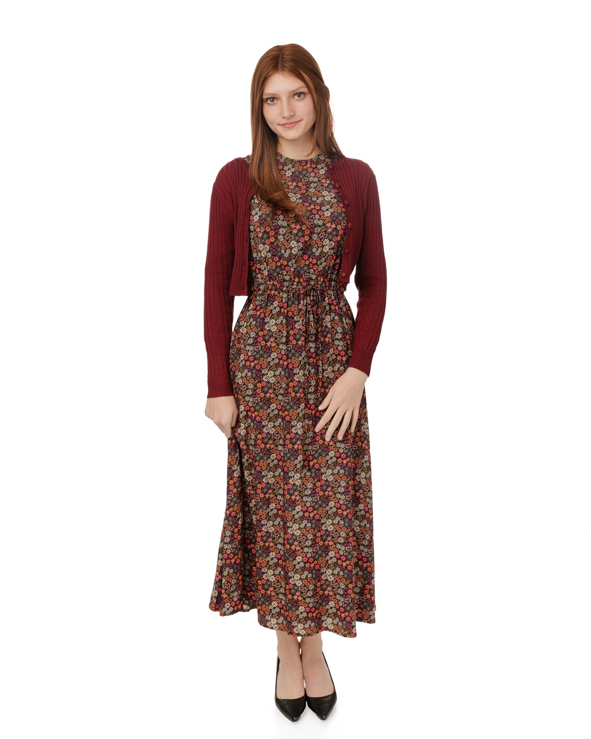 Multicolored Floral Dress With Rust Brown Cardigan