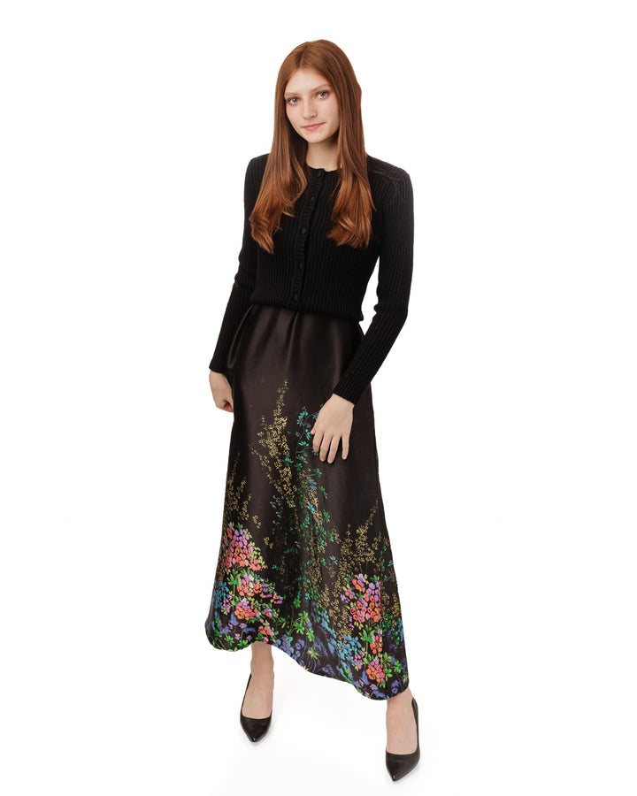 Flower Printed Black Satin Jumper With Mock Neck Overlay