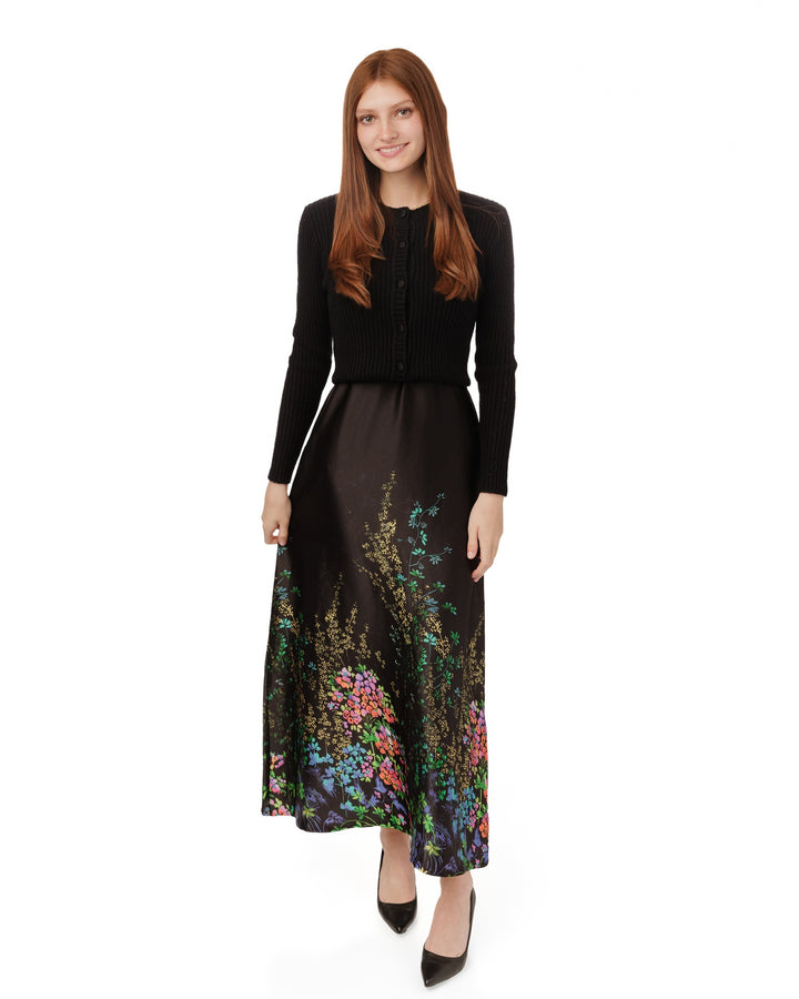 Flower Printed Black Satin Jumper With Mock Neck Overlay