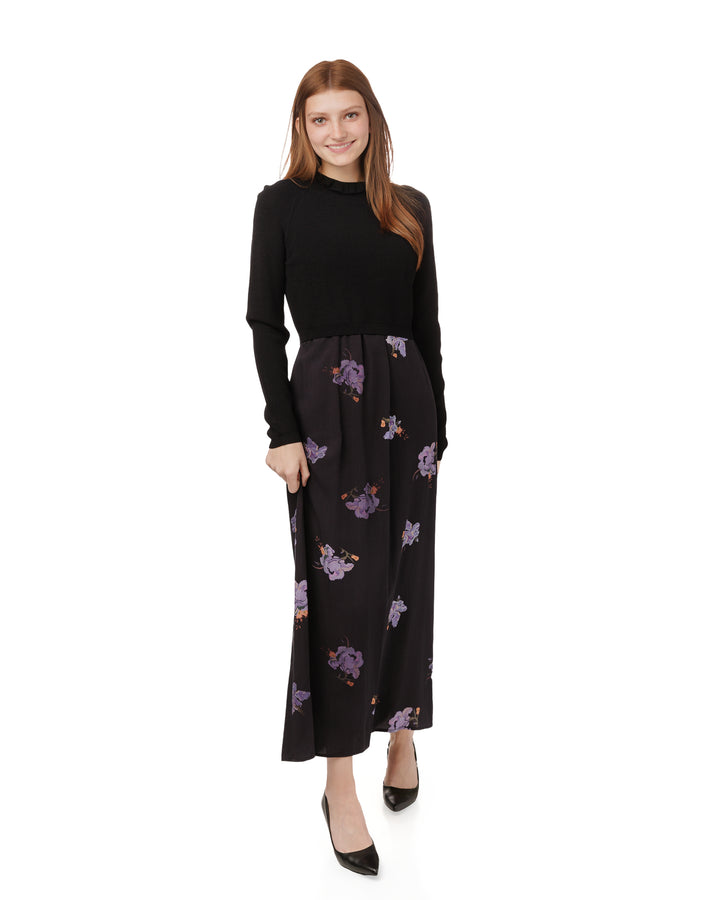 Black Knit Overlay Purple Flower Printed Dress