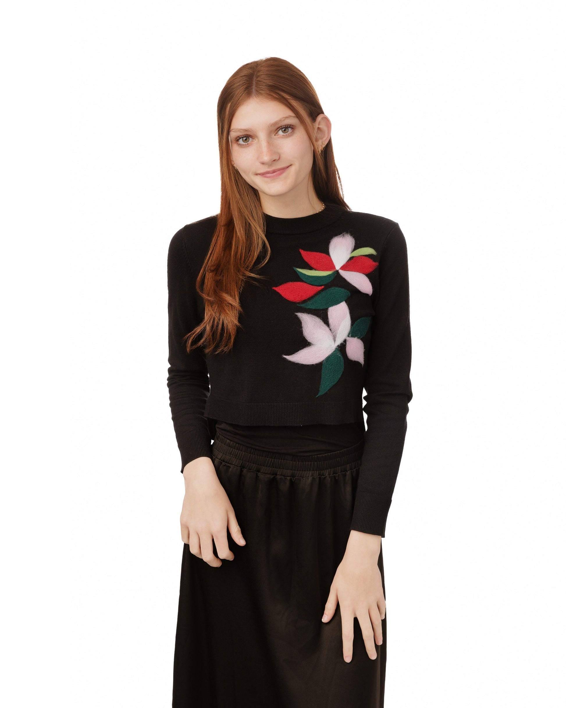 Black Felt Floral Sweater