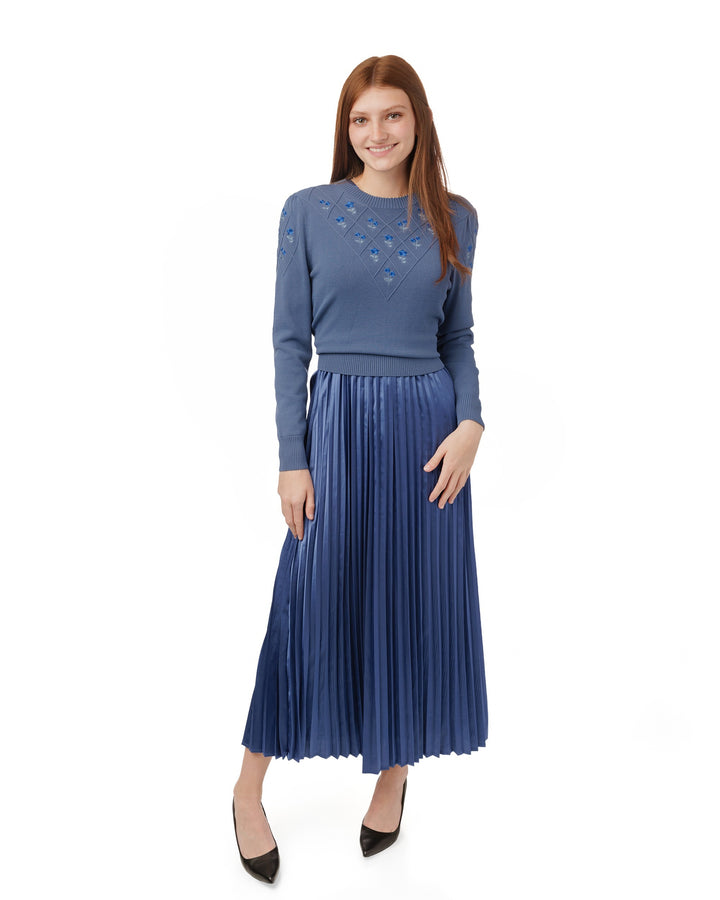 Pleated Dress With Embroidered Knit Overlay - Blue