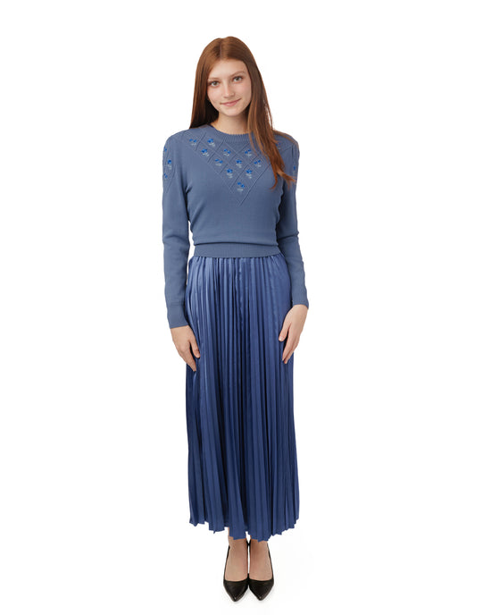 Pleated Dress With Embroidered Knit Overlay - Blue