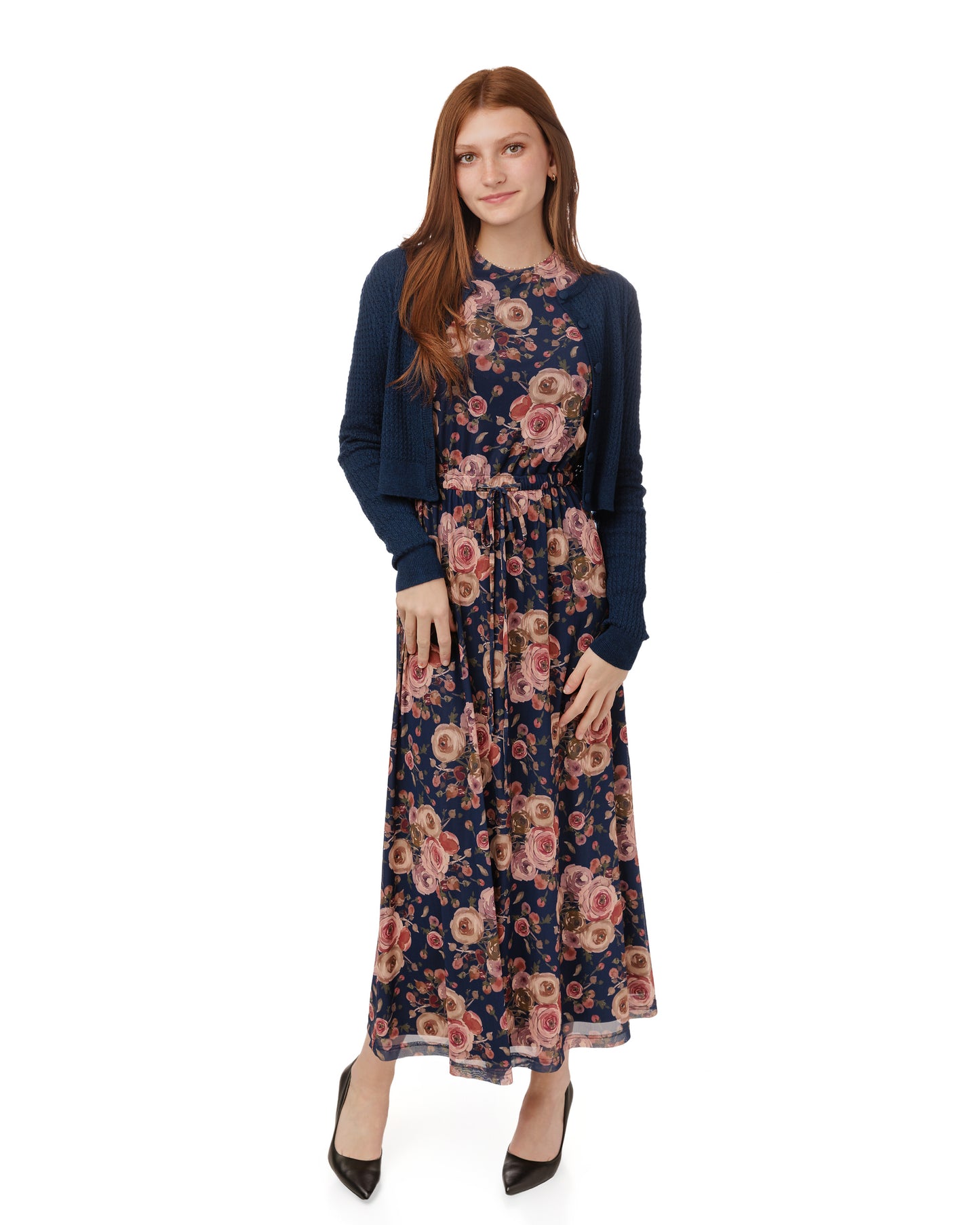 Blue Floral Mesh Dress With Knit Cardigan Overlay