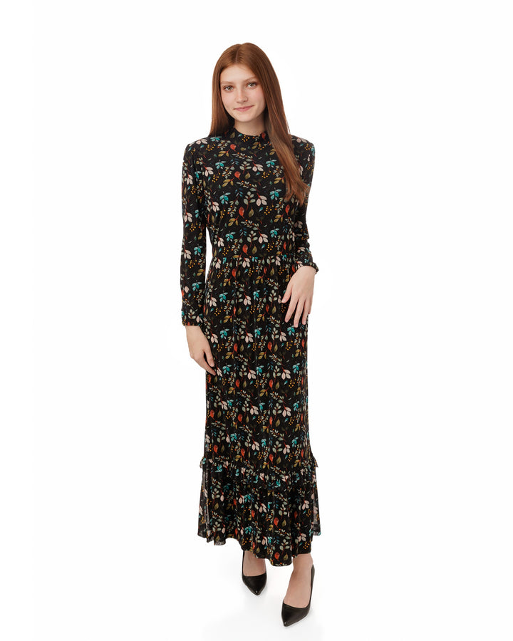 Black Mesh Dress With Multicolored Floral Print