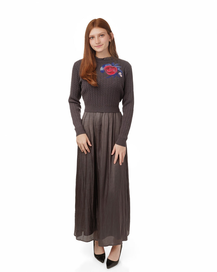 Satin Dress With Knit Floral Overlay - Grey