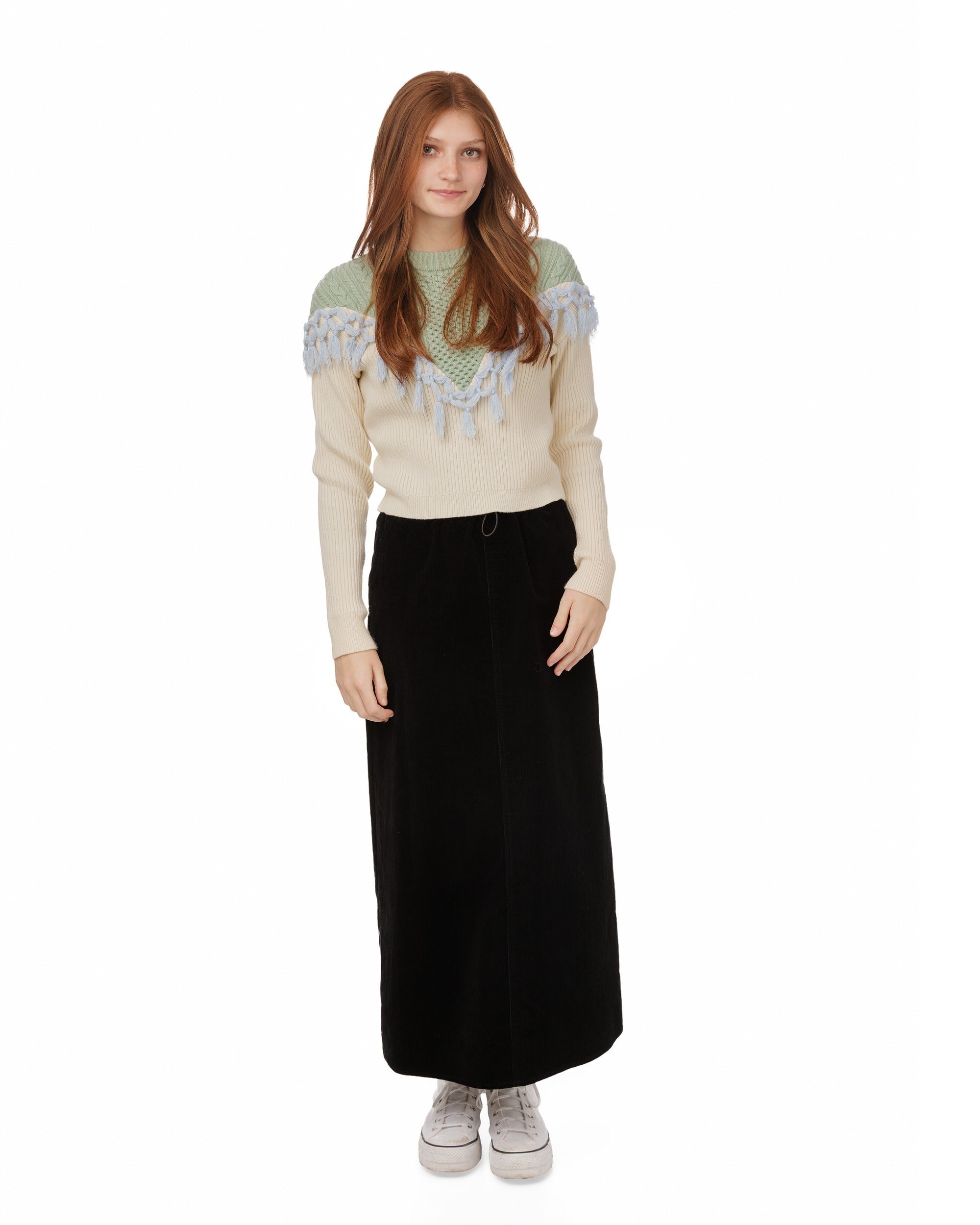Cream Green Cable Knit With Tassels