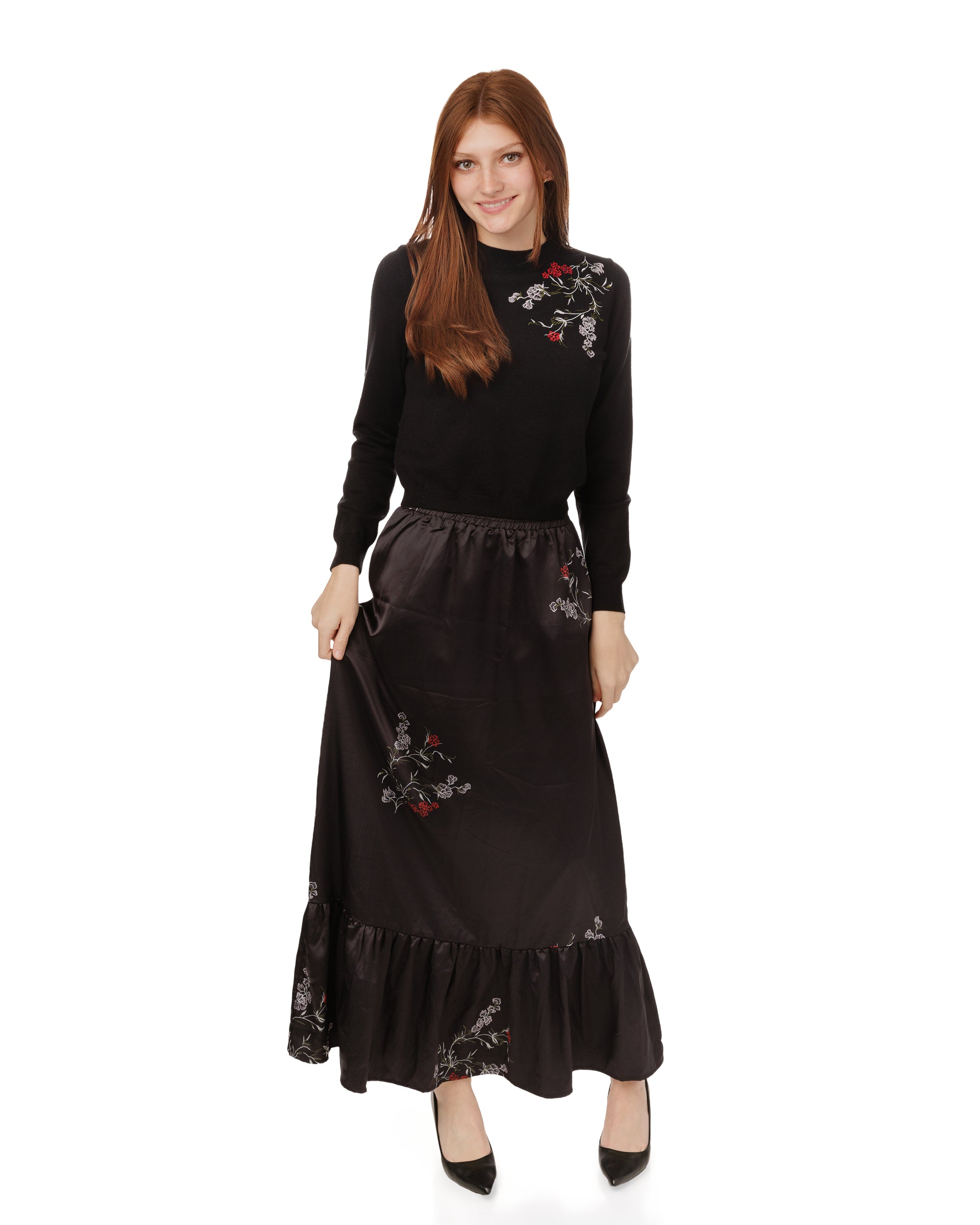 Black Knit Top With Red Embroidered Floral Print