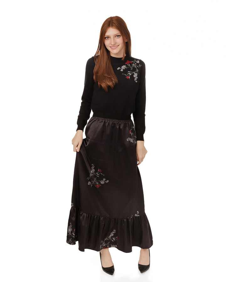 Black Slip Skirt With Red Floral Print