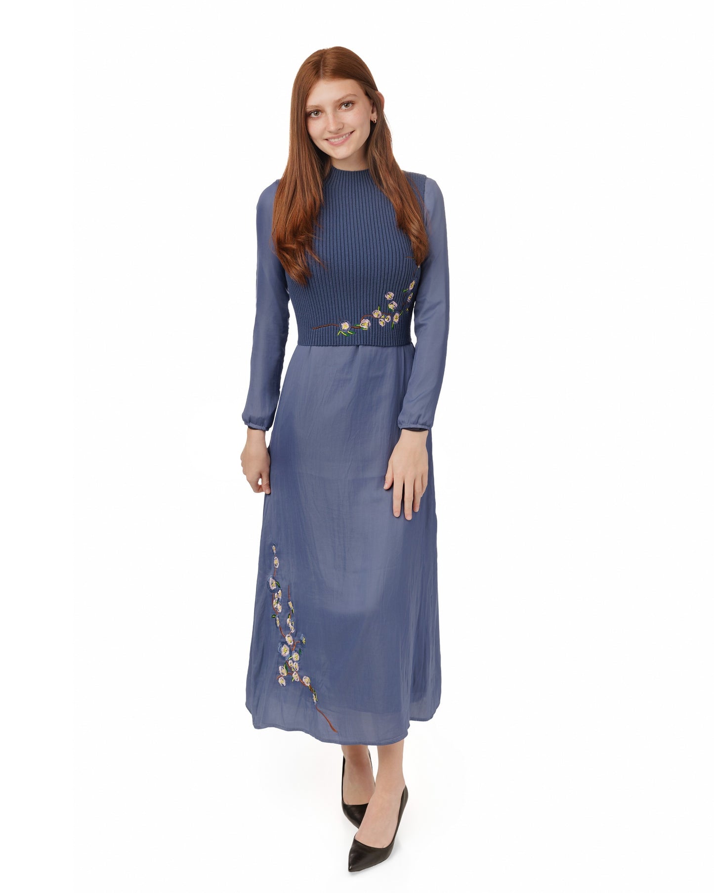 Blue Embroidered Dress With Knit Vest Overlay
