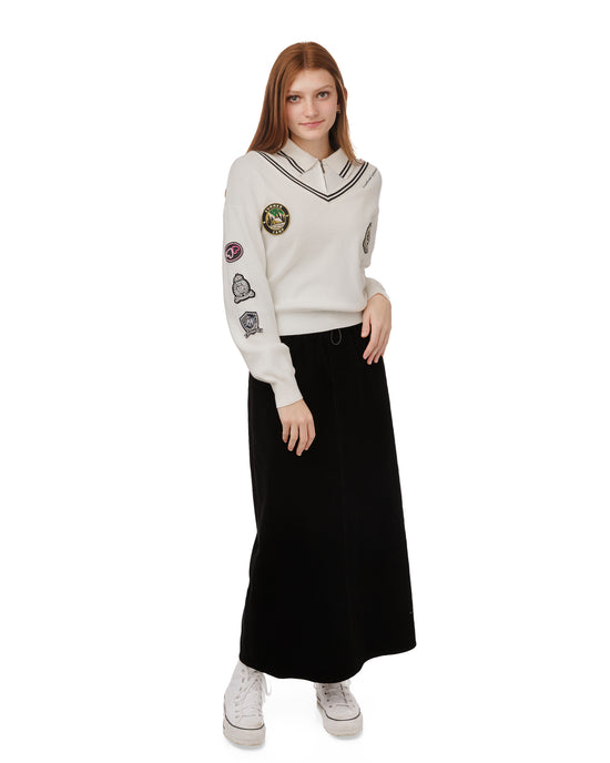 White Knit Collared Sweater With Patches