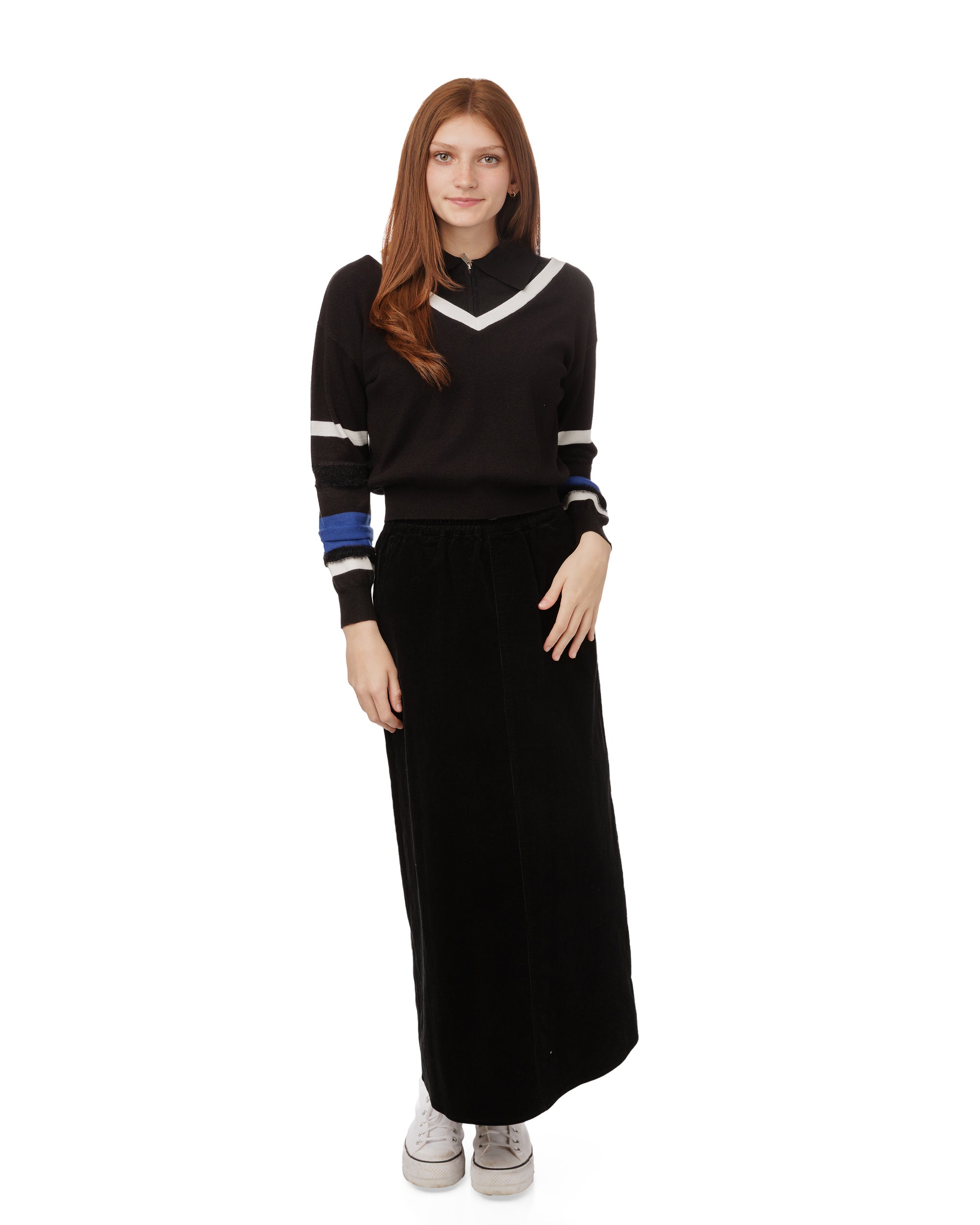 Black Flat And Ribbed Collar Front Zip Knit Top