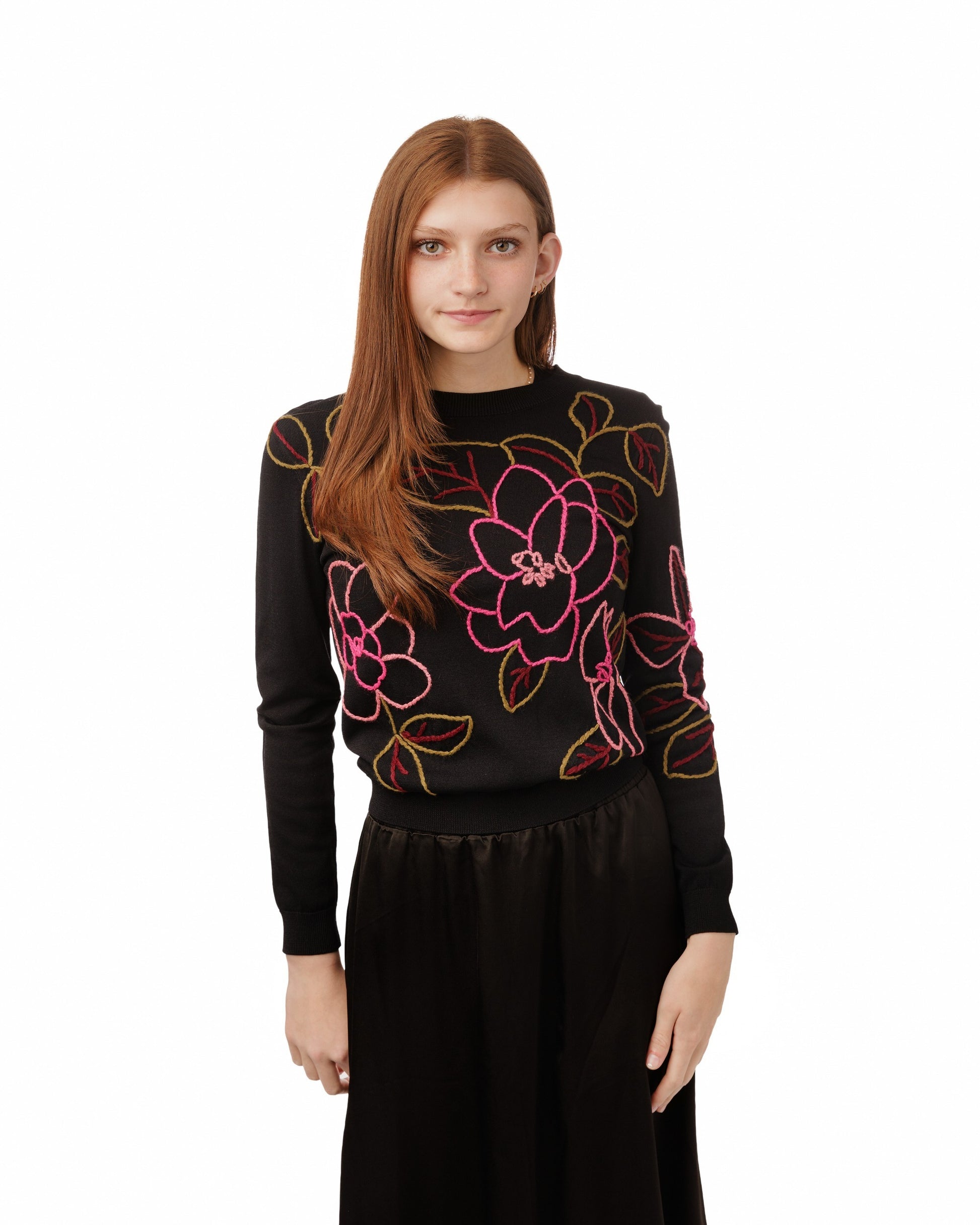 Black And Hot Pink Yarn Embroidered Knit Top