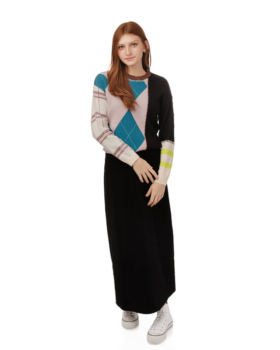 Multi Plaid Stitching Knit Top
