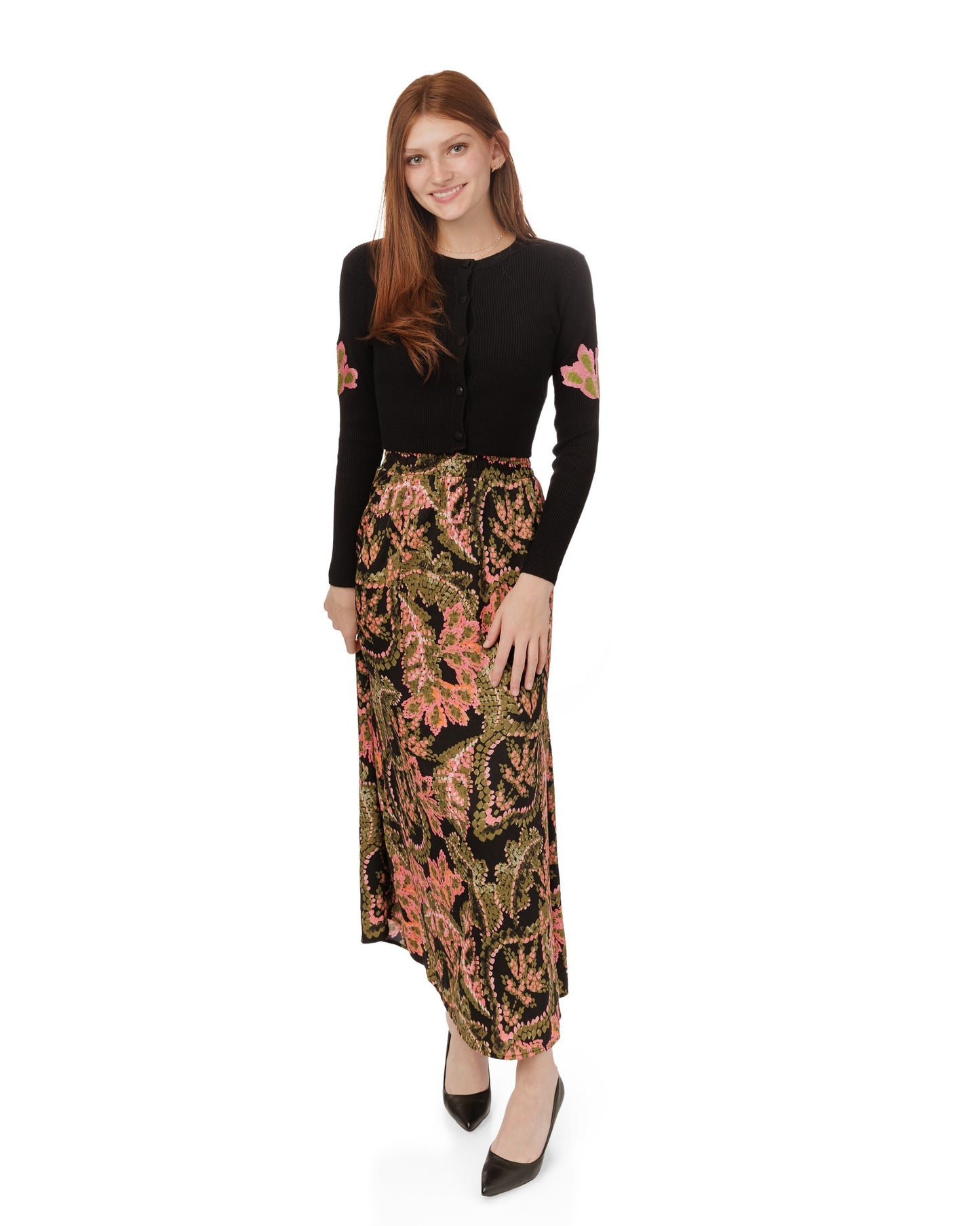 Pink Green Floral Satin Skirt