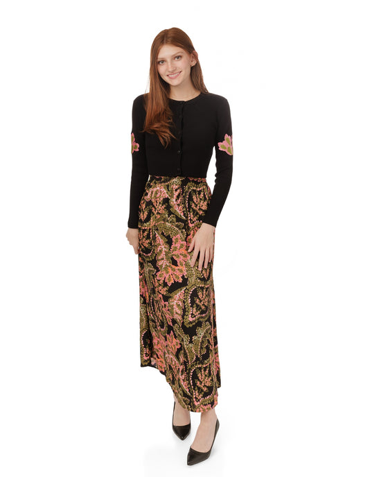 Pink Green Floral Satin Skirt