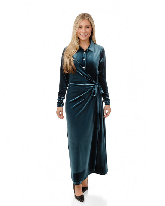 Teal Velvet Dress With Floral Button Detail