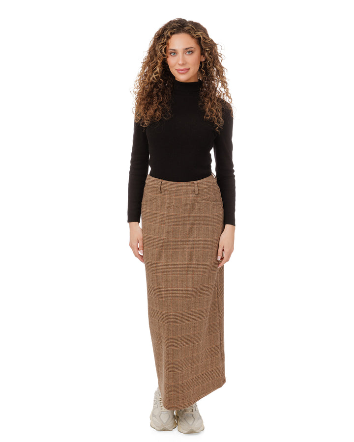 Brown Plaid Midi Skirt