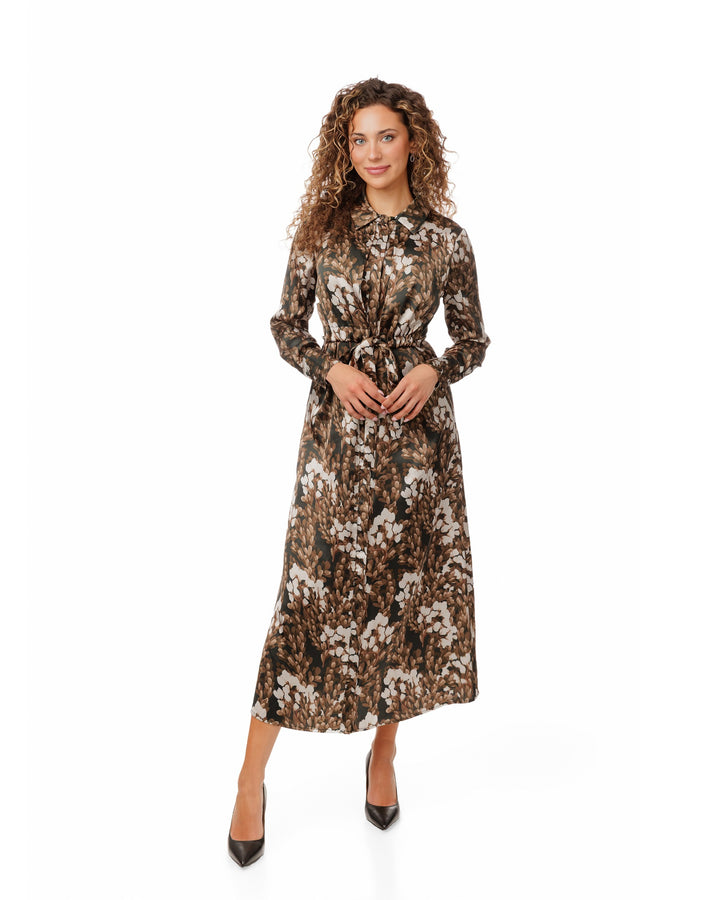 Brown Printed Belted Dress