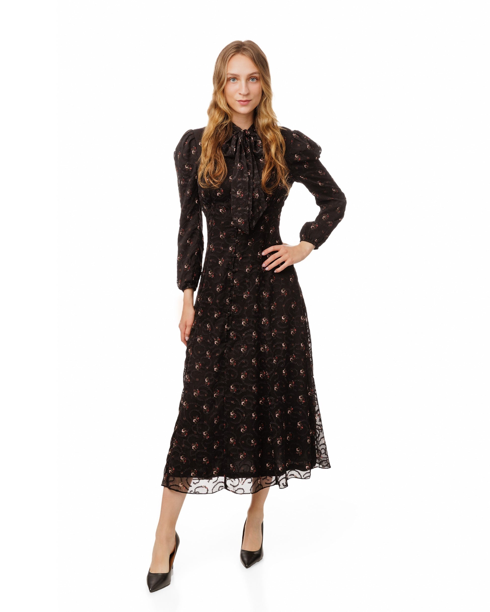 Black Printed Lace Neck Tie Dress